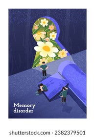 Human psychology poster. Despair Character with memory disorder cannot find way to his memories. Dementia and Alzheimer disease. Cartoon flat vector illustration isolated on white background