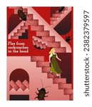 Human psychology poster. Woman flee from cockroaches in her head. Desperate and confused character running up stairs in his subconscious. Doubts and depression. Cartoon flat vector illustration