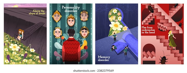 Human psychology posters. People with psychological problem, despair, personality disorder, memory loss and cockroaches in head. Stress and depression. Cartoon flat vector collection isolated on white