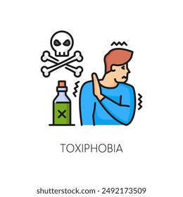 Human psychology problem, toxiphobia phobia, mental health outline color icon. Mental disorder, people psychology or phobia linear vector pictogram. Poisoning fear line icon with man scared of poison