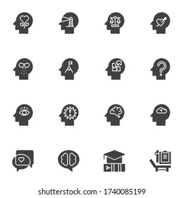 Human psychology vector icons set, modern solid symbol collection, filled style pictogram pack. Signs, logo illustration. Set includes icons as brain activity, human intelligence, questions, answers