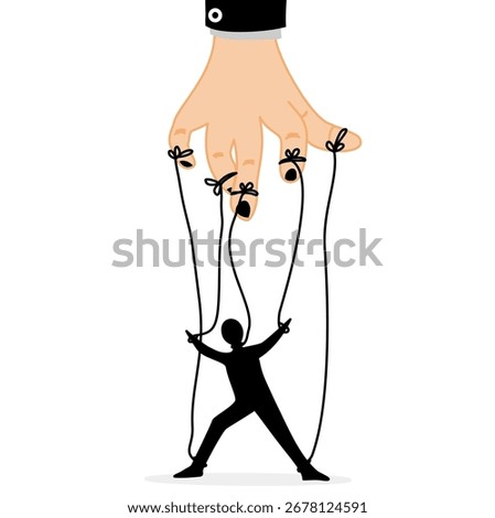 Human puppets control, puppeteer hands man marionette silhouette vector illustration,Concept of manipulation and micromanagement. Puppet Master controlling Silhouette of businessman