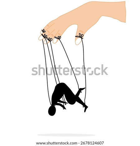 Human puppets control, puppeteer hands man marionette silhouette vector illustration,Concept of manipulation and micromanagement. Puppet Master controlling Silhouette of businessman