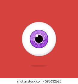 Human purple eye isolated on red background. Eyeball iris pupil vector Illustration
