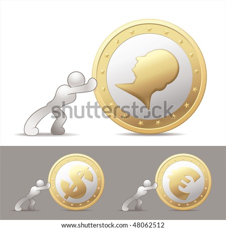 human pushing on a giant gold coin. Great finance conception.