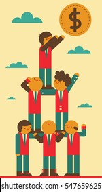 A human pyramid made out of businessmen tries to reach a coin in the sky