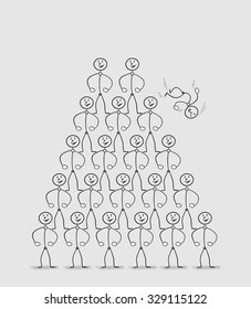 Human Pyramid With One Falling Down Man, Many Strong People Standing On The Shoulders Of The Others And One Fall Down