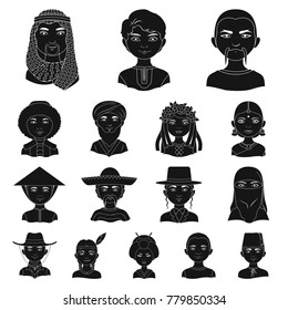 The human race black icons in set collection for design. People and nationality vector symbol stock web illustration.