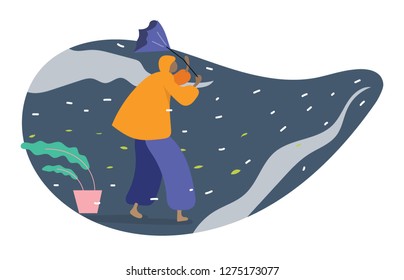 Human In Raincoat Walking With Umbrella In Bad Weather. Autumn Rains And Storm. Cartoon Vector Illustration