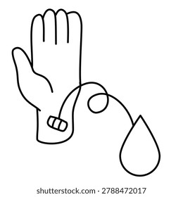 human raised hand connected to a blood drop line