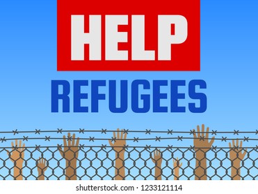 human raising hands behind fence barbed wire .help refugees concept