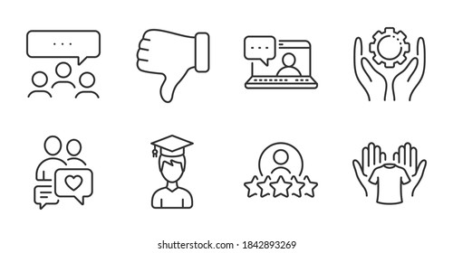 Human rating, Dislike hand and Student line icons set. Dating chat, Employee hand and Meeting signs. Friends chat, Hold t-shirt symbols. Best employee, Thumbs down, Graduation cap. Vector