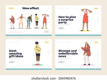 Human Reaction Landing Pages Set With Unexpected Event, News, Wow Surprise Party And Amazing Gift. Surprised Young People Excited Emotions Of Astonishment And Amazement. Flat Vector Illustration