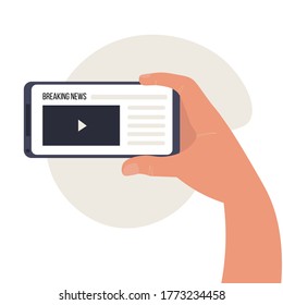 Human read text and watch video breaking news. Gadget  on hand. Online news app for phone and tablet. Vector illustration in flat style. 
