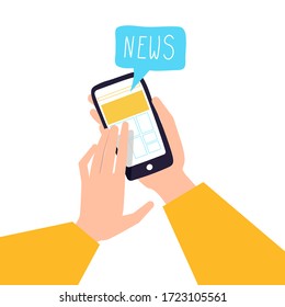 Human reading or searching news online holding mobile phone in hands and touching screen by finger. Modern flat cartoon style vector illustration.