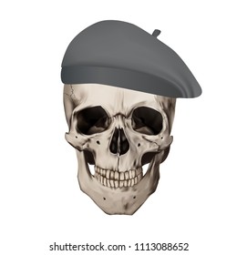 Human realistic skull with a beret. White background. Anatomy vector illustration.