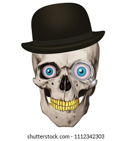 Human realistic skull. Blue eyes, gold teeth, bowler, monocle. White vector background. Anatomy vector illustration.