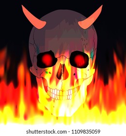 Human realistic skull with burning eyes and horns. Devil, evil, satan. Fire background, vector illustration.