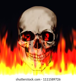 Human realistic skull with burning eyes. Fire background, anatomy vector illustration.