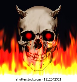 Human realistic skull with burning eyes and horns. Devil, evil, satan. Fire background, anatomy vector illustration.