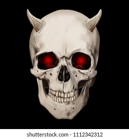 Human realistic skull with horns and burning eyes. Black background. Anatomy vector illustration.