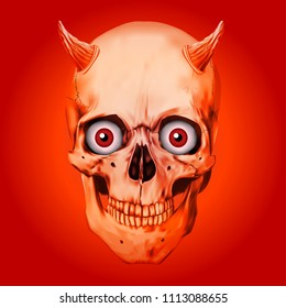 Human realistic skull with horns and red eyes. Red background. Anatomy vector illustration.