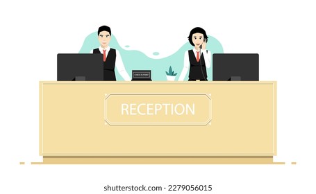 Human receptionist in front of counter desk, Digital marketing illustration.