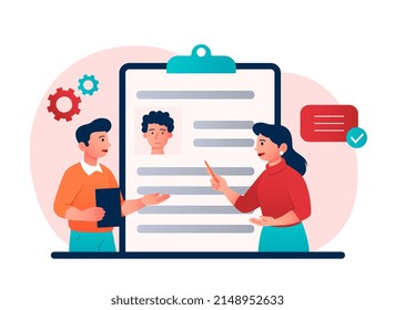 Human recources concept. Man and woman discussing candidate for vacancy. Employees of HR department check resume. Staff expansion and organization recruitment. Cartoon flat vector illustration