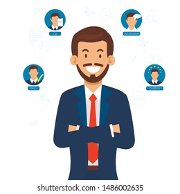 Human Recources Manager Looking on Different Job Candidates Flat Cartoon Vector Illustration. Hiring Concept. Applicants with Appropriate Skills, Good CV, Interview, Career Opportunities.