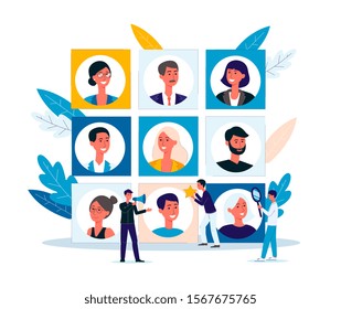 Human recourse agency banner - cartoon people doing employee search from giant table of potential candidates. Job vacancy recruitment process - flat isolated vector illustration.