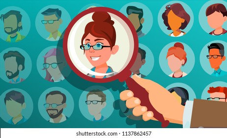 Human Recruitment Vector. Woman. Hand Picking Woman. Stand Out From Crowd. Business Team. Select Candidate Person. Pick From The Crowd. Employer Choice. Cartoon Illustration
