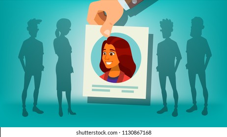 Human Recruitment Vector. Woman. Human Recruitment. Selected Group Of People. Pick From The Crowd. Cartoon Illustration