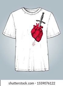 The human red heart is pierced with a dagger. Hand drawn vector illustration. Tattoo print design template.