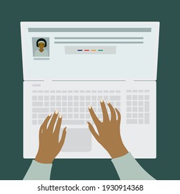 Human is registering on website. Man and woman looking for freelance work.  Human hands on a laptop keyboard. Above from view. Isolated vector illustration