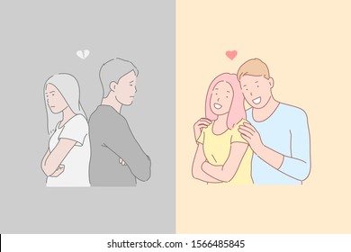 Human relations, disagreement and harmony, opposite emotions concept. Enamored man and woman in quarrel and harmonious relationship, offended young people and happy couple in love. Simple flat vector