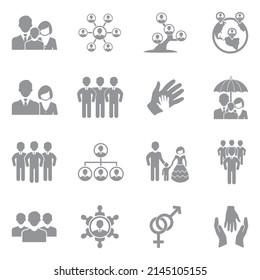Iconos de relaciones humanas. Diseño plano gris. Ilustración vectorial.