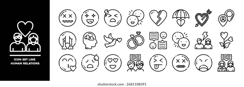 O conjunto de ícones da linha de relações humanas inclui emoções e conceitos associados. Enfatizando conexão, amor e interação.