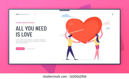 Human Relations, Love, Romantic Dating Website Landing Page. Loving Couple Share Huge Red Heart Pierced with Cupid Arrow Spending Time Together Web Page Banner. Cartoon Flat Vector Illustration