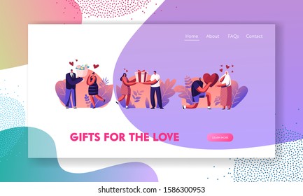 Human Relations, Loving Couple Gifts Website Landing Page. Man Giving Present to Happy Surprised Woman on Valentines Day or Birthday. Characters Love Web Page Banner. Cartoon Flat Vector Illustration