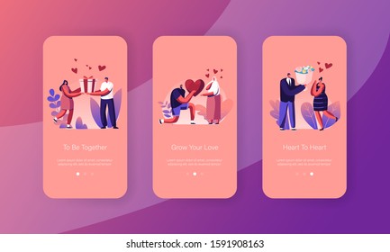 Human Relations, Loving Couple Giving Gifts Mobile App Page Onboard Screen Set. Man Presenting to Woman Heart, Bouquet and Giftbox Concept for Website or Web Page. Cartoon Flat Vector Illustration