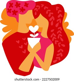 Human relations, Loving couple watering love plant or grow love romantic concept. Happy Valentine's Day with young couple in love vector illustration.14 February romantic holiday Valentine Day poster