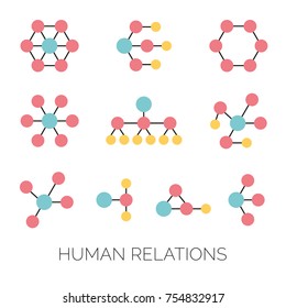 Human relations simple charts. Hierarchy, connections, organizations diagrams vector illustrations.
