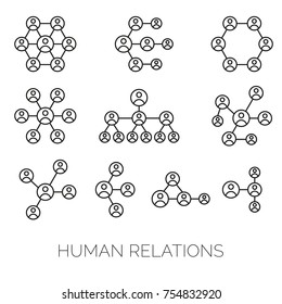 Human relations simple charts. Hierarchy, connections, organizations diagrams vector illustrations.