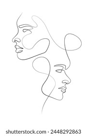 human relationship minimalism continuous one line drawing of two faces flourish art vector illustration