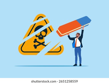 Human removed danger sign with eraser. Flat vector illustration