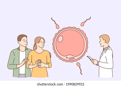 Human reproduction, children planning concept. Young positive loving couple cartoon characters standing consulting reproductive doctor For parenthood, pregnancy and fertility topics