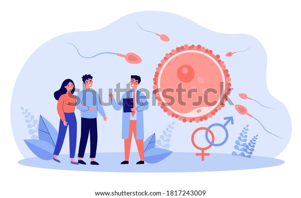 Human\
reproduction and family planning concept. Young couple consulting\
reproductive doctor, ovum fertilization infographics. For\
parenthood, pregnancy and fertility\
topics