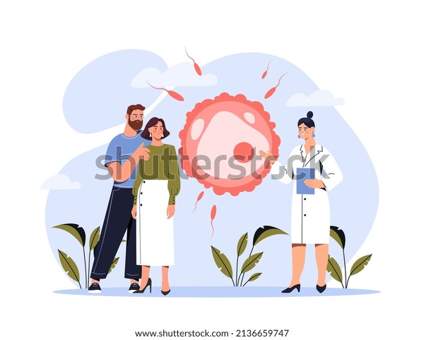 Human reproduction and family planning\
concept. Young man and woman planning pregnancy. Doctor explains to\
couple topic of fertility and parenthood. Sperm and egg. Cartoon\
flat vector illustration