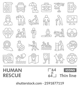 Human rescue collection or sketches. emergency theme icons in thin line style signs for web and app. Vector graphics isolated on white background