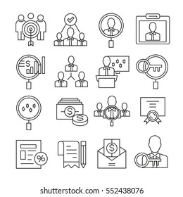 human resource and business management icons outline on white background